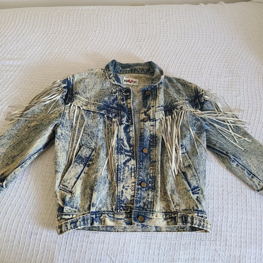 Vintage 80s Acid Wash Denim Jacket with Leather Fringe, Havoc Brand